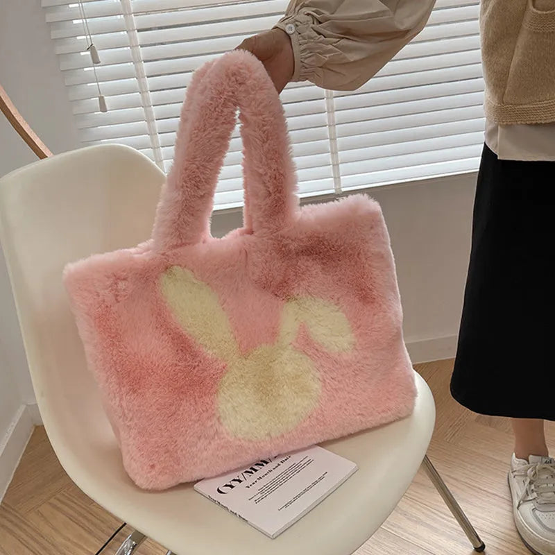 Cartoon rabbit ears plush shoulder bag in large tote style