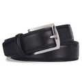 Men's black genuine leather belt with a silver alloy pin buckle on a flat surface