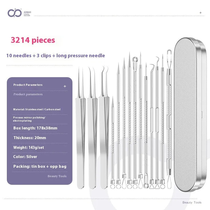 Four silver metal acne needles with pointed tips for skincare extraction