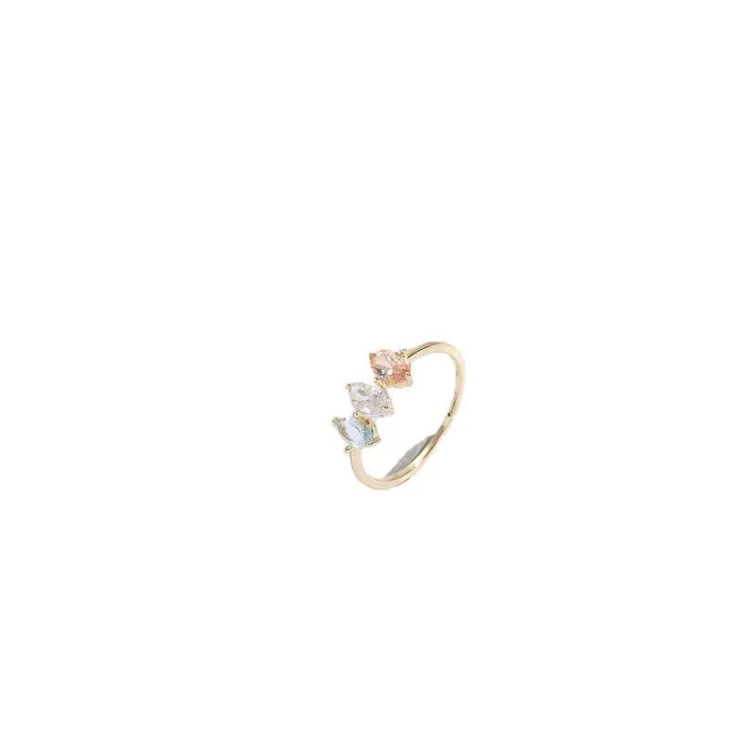 Mother's Day birthstone ring with triangle horse eye design and tricolor zircon stones in 14K gold plate.