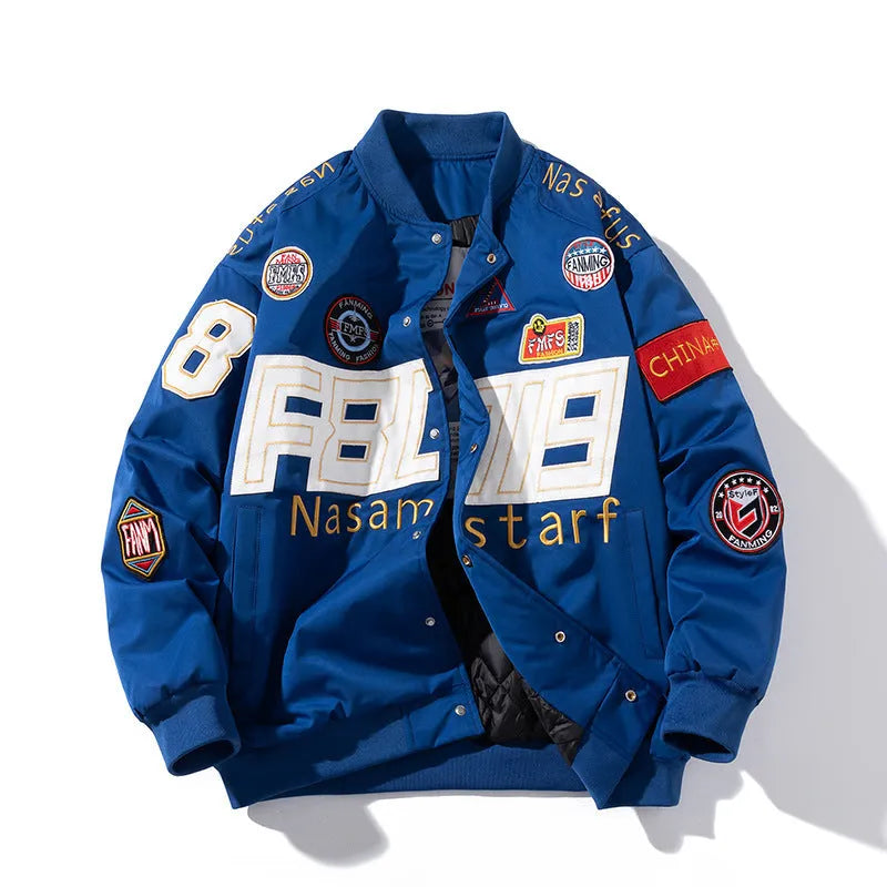 Black blue red American motorcycle baseball uniform with hooded detachable cotton padded options