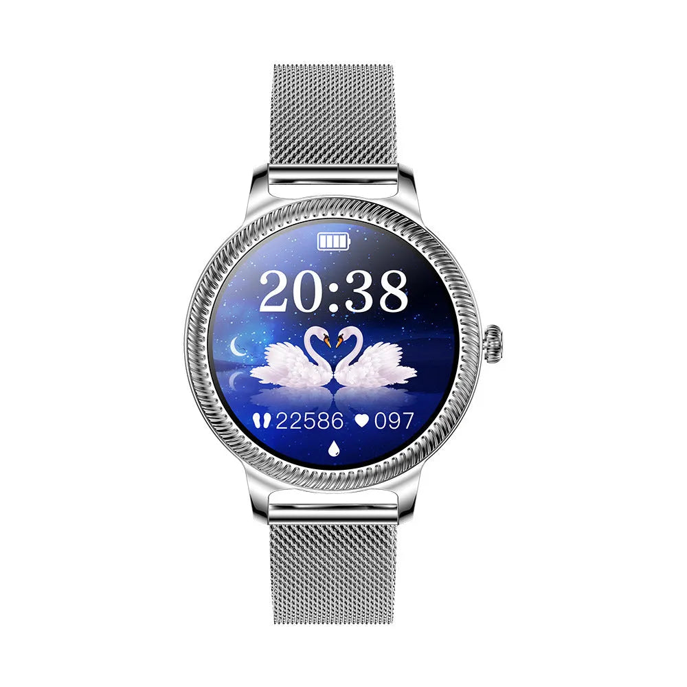 AK38 ladies smart watch with stainless steel Milanese strap and gold finish on wrist.