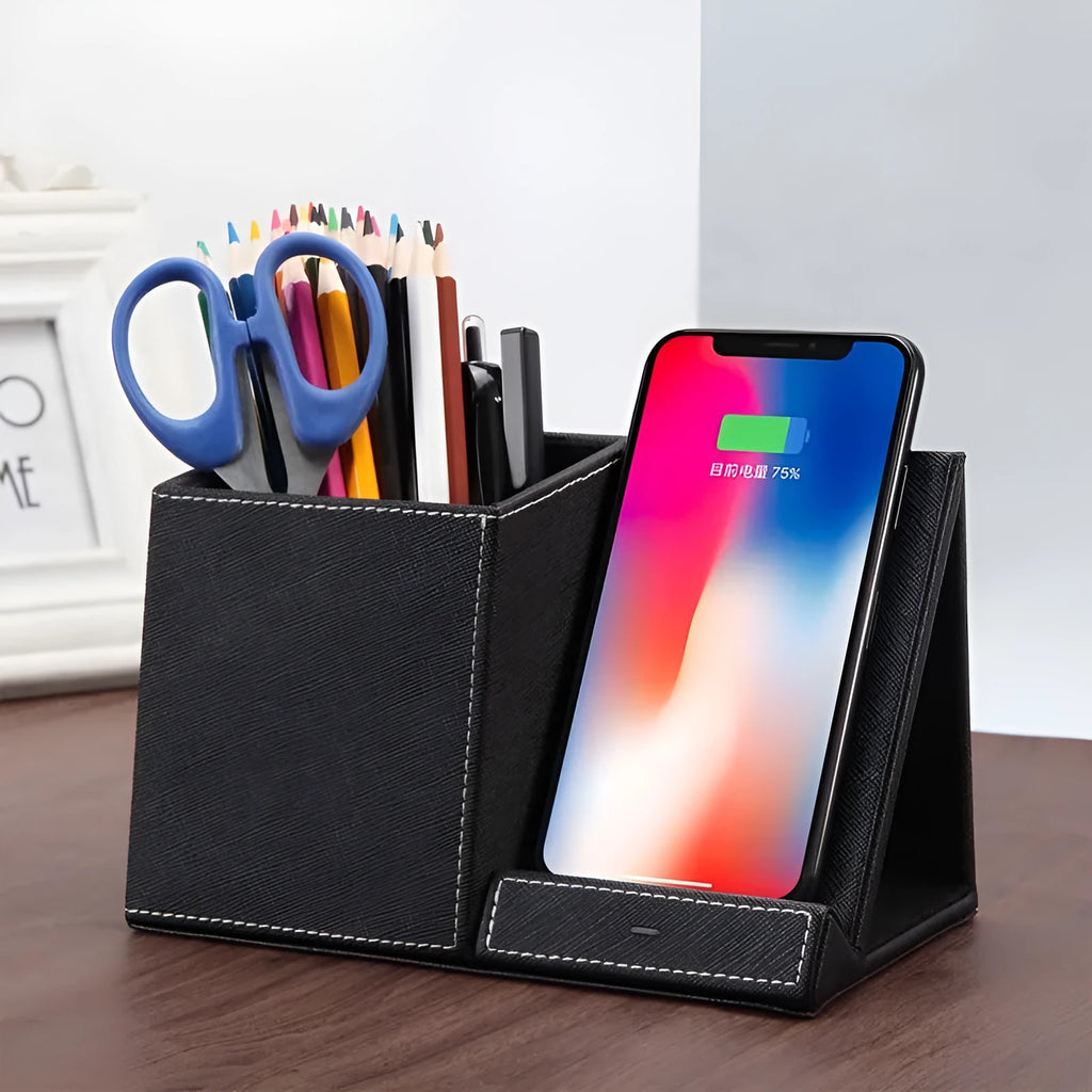 Leather wireless charging station with pen holder organiser for desk phone charging