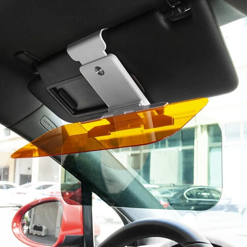 Dual-use car sun visor with anti-high beam goggles showing acrylic lens and adjustment components