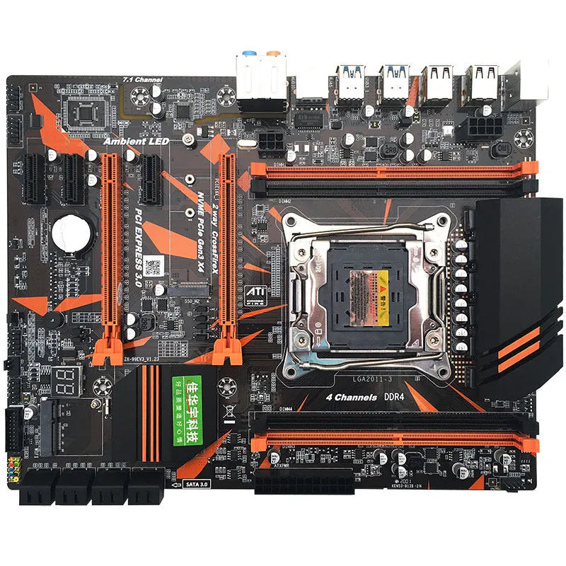 Black X99 series desktop computer motherboard with LGA2011-3 socket, four DDR4 slots, and PCIe expansion slots.