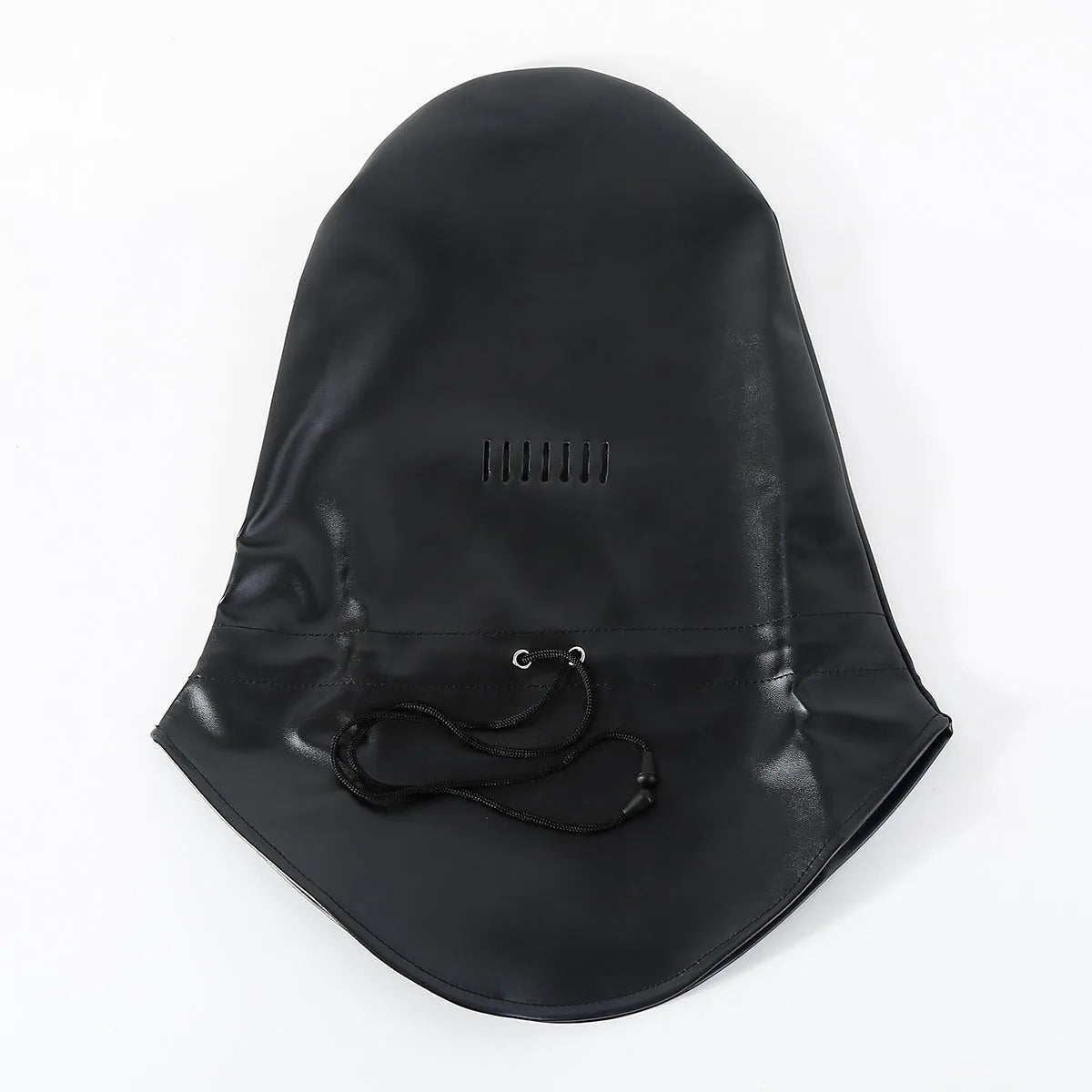 Black Pu leather BDSM mask with adjustable strap and openings for eyes and mouth.