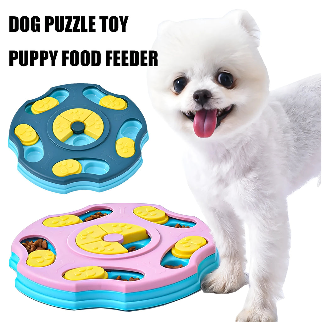 Blue and pink dog puzzle feeder toy with multiple compartments for interactive food searching gameplay