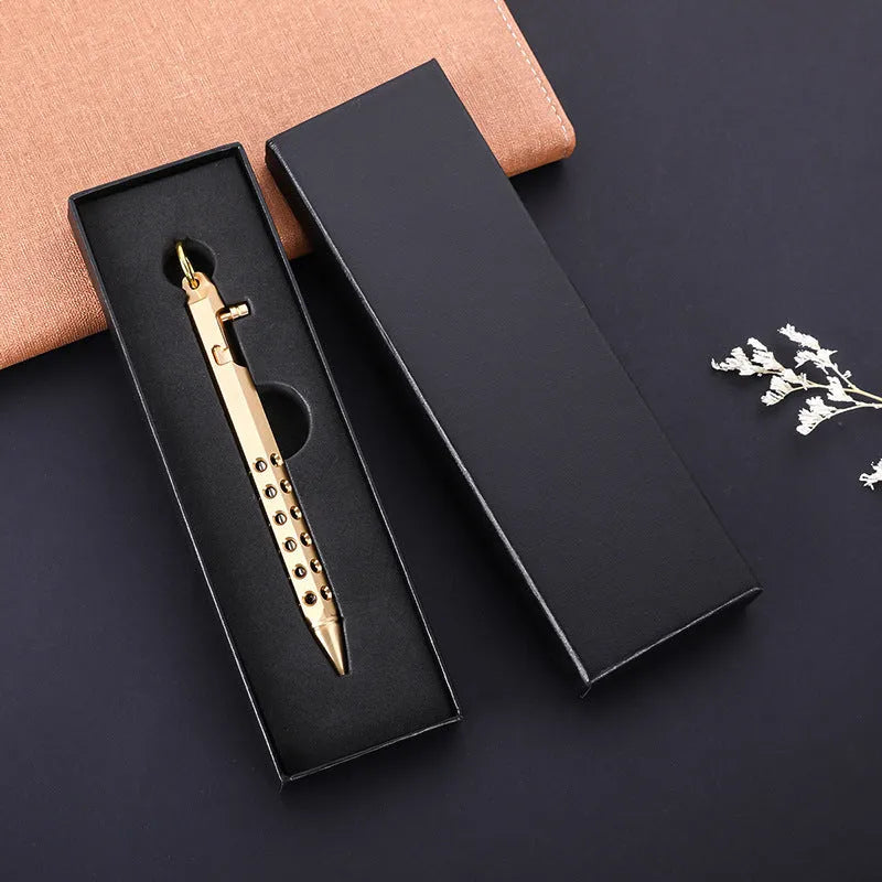 Brass hexagonal roller pen with 0.5mm tip showing six flat sides and retro design