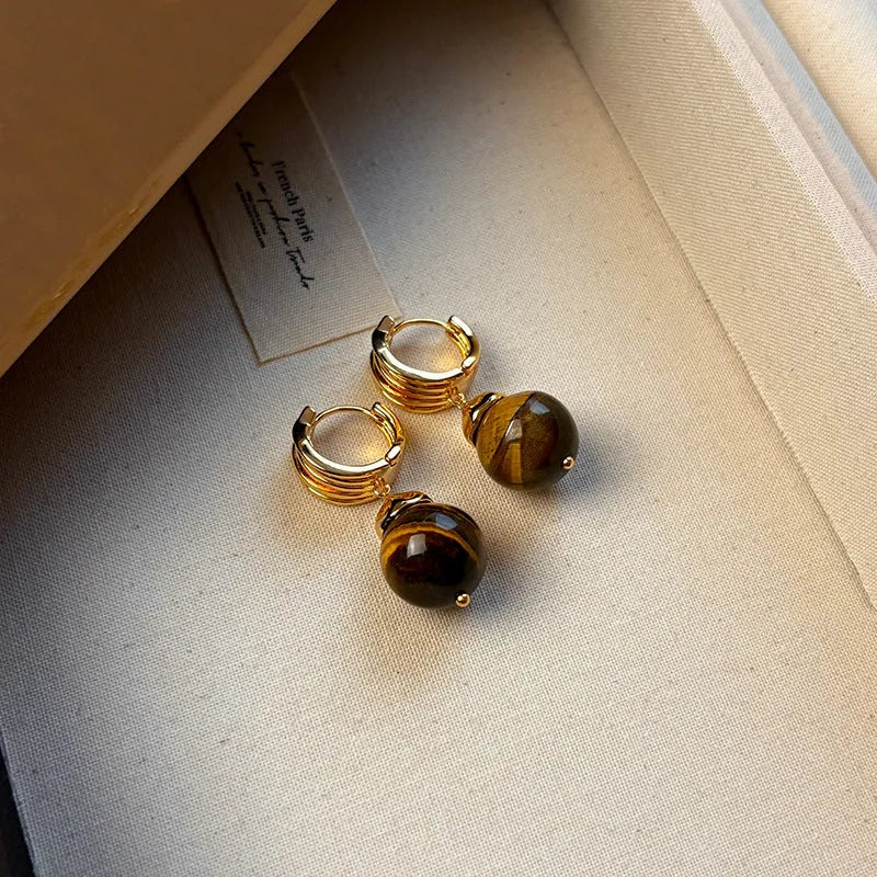 Maillard tigereye geometric earrings with real gold plating in French retro style