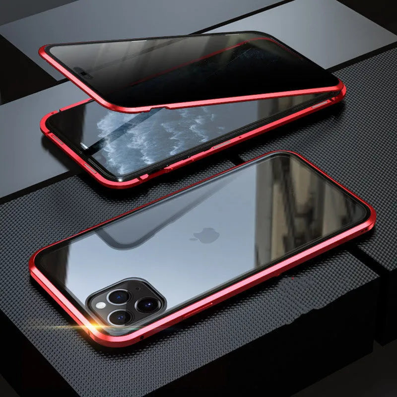 Clamshell anti-spy phone case in six colours showing tempered glass construction for iPhone privacy protection