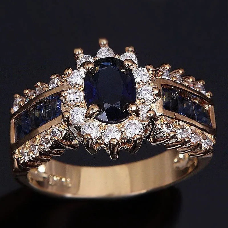 Zinc alloy personalised ring with sunflower blue diamond, square blue zircon, or square purple zircon stone options