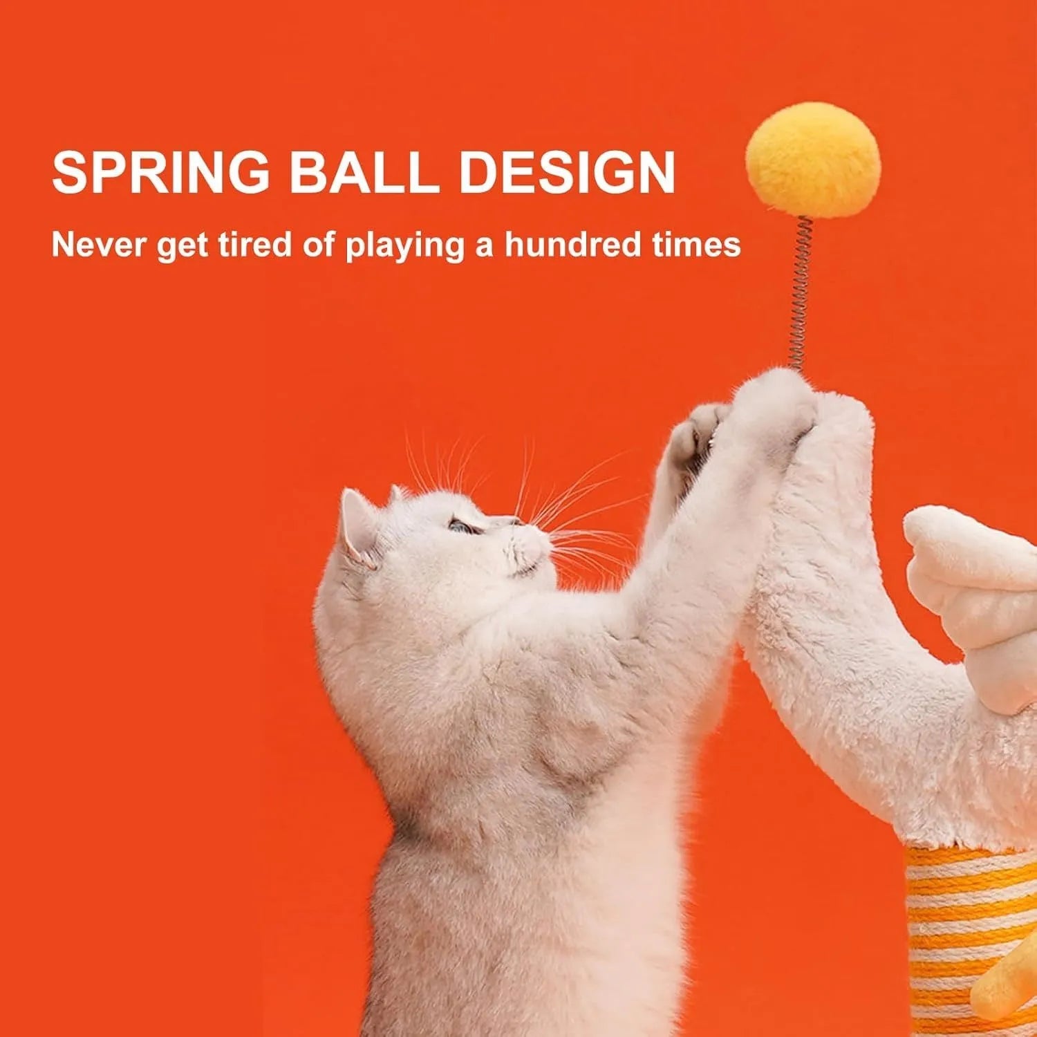 Yellow sisal cat scratching post with U-shaped design, spring ball toy, and solid wood construction