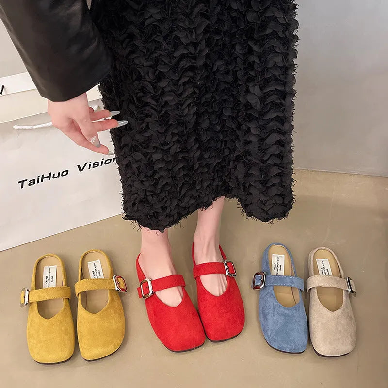 Women's flat closed toe half slippers with square toe in apricot, blue, red, and yellow colours.