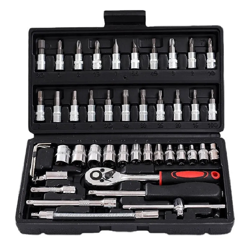 46-piece nickel-plated socket ratchet wrench set with Cr-v chromium vanadium steel construction
