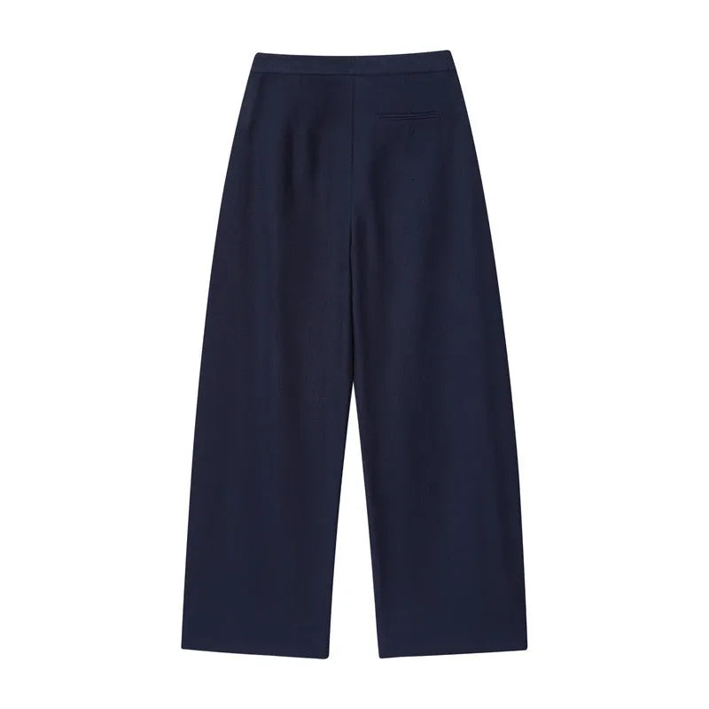 Women's linen blend off-neck shirt with flounced sleeves and wide leg trousers suit set.