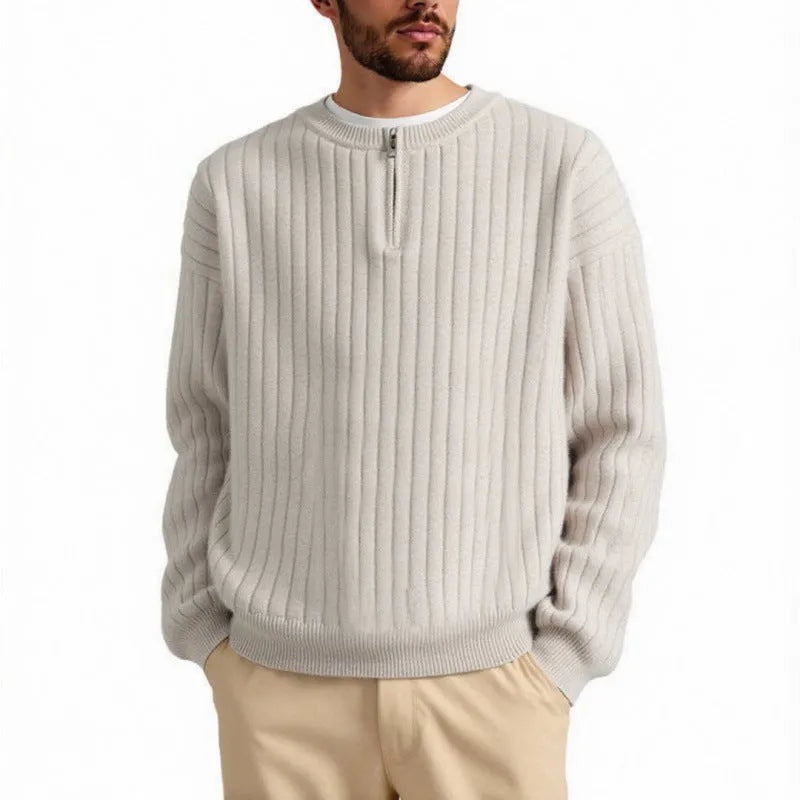 Men's grey textured half zip sweater pullover with loose fit design
