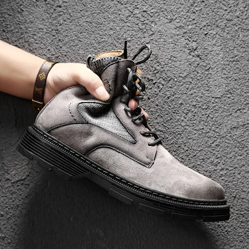 Men's vintage Martin boots in black with a frosted microfiber leather upper and thick rubber sole.
