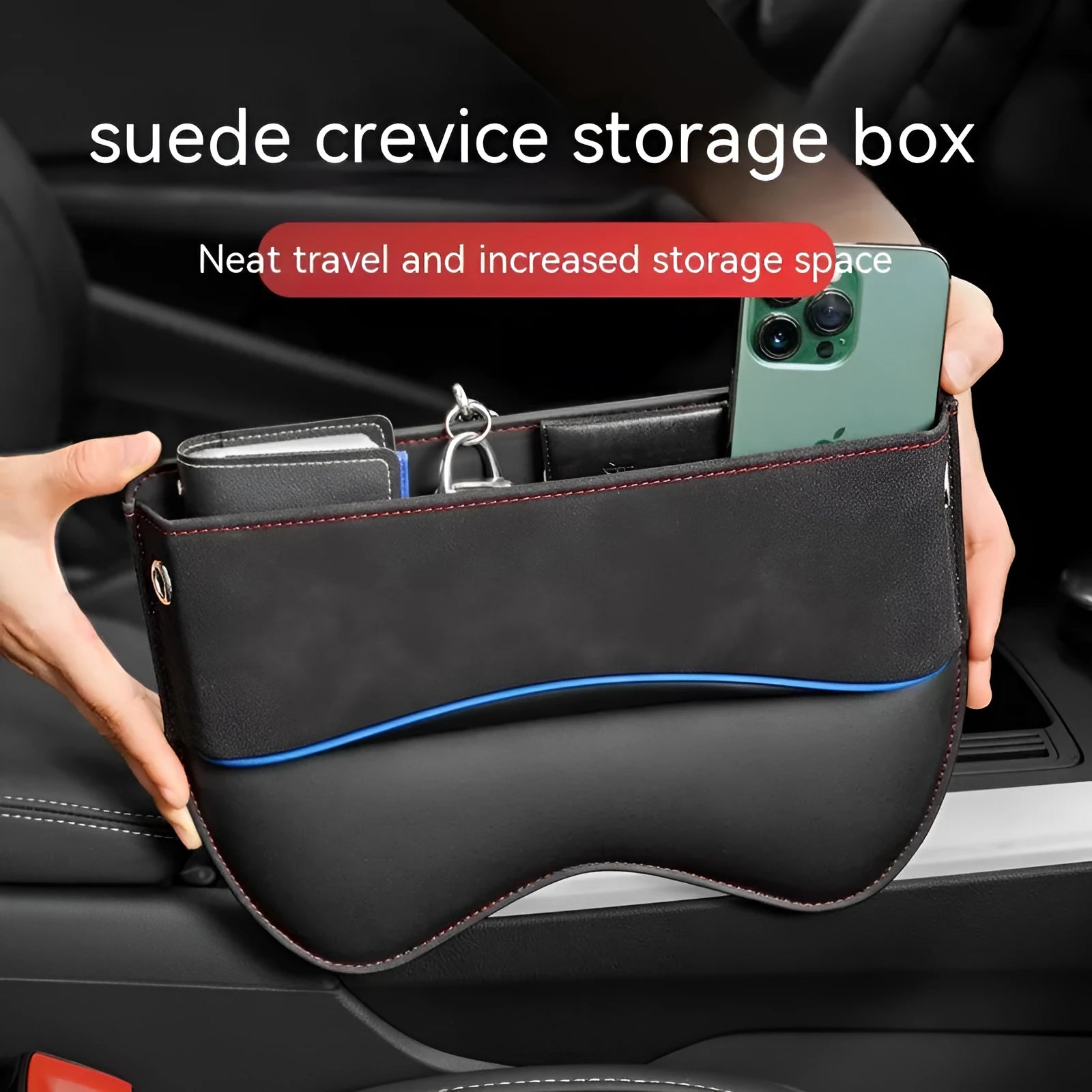 Leather car seat storage box in available colours mounted on vehicle passenger seat