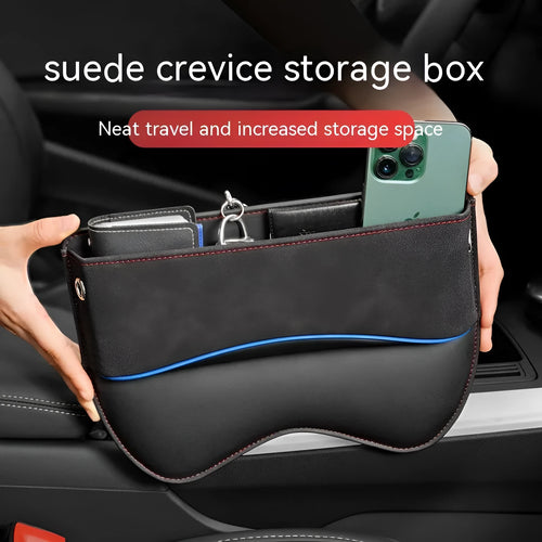 Leather car seat storage box in available colours mounted on vehicle passenger seat