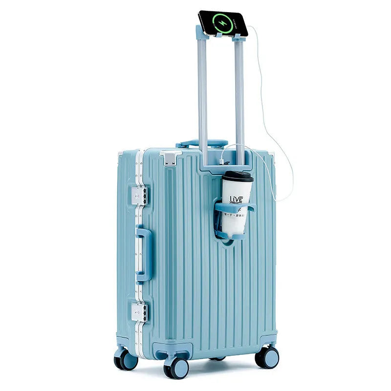 Aluminium frame ABS PC trolley case in avocado green with universal wheels and a USB port.