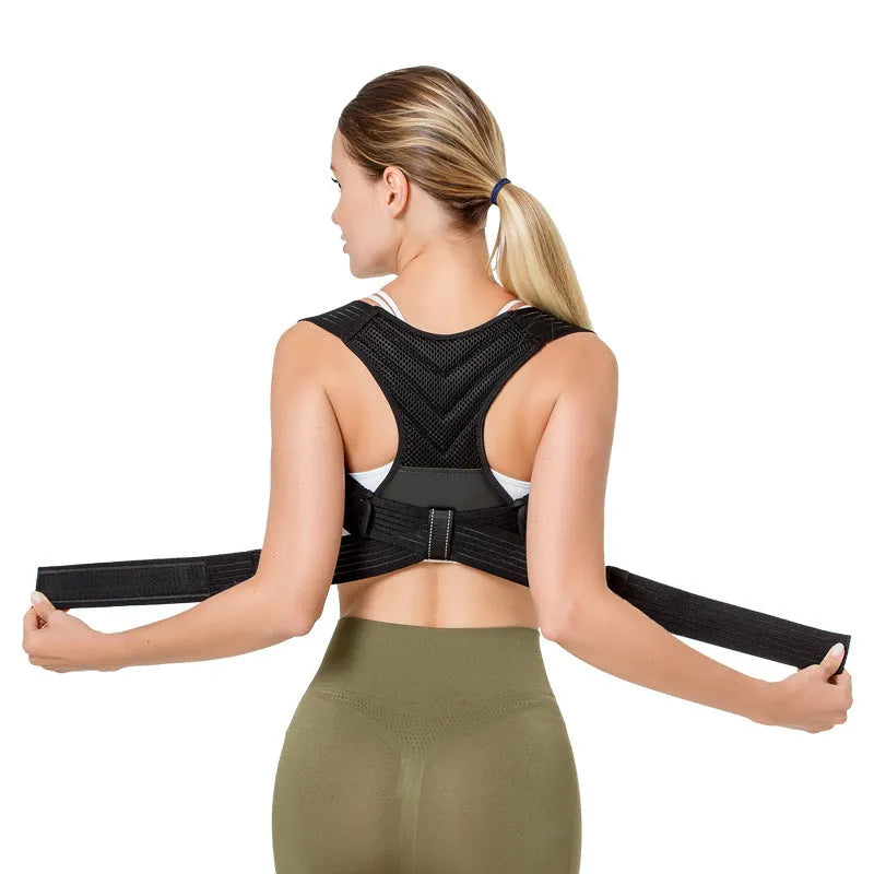 Black adjustable posture correction belt for back support and shoulder alignment