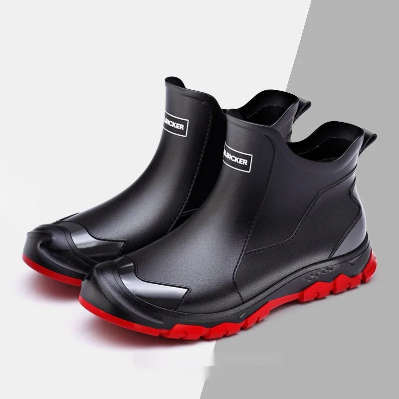 Men's non-slip flat short rubber boots in PVC material showing beige and black colour options