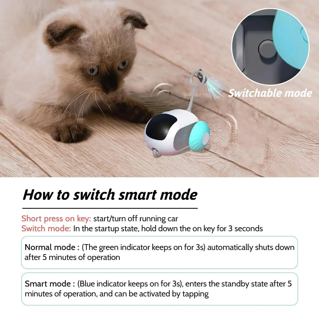 Smart interactive cat toy car with feather attachment in blue or orange colour options
