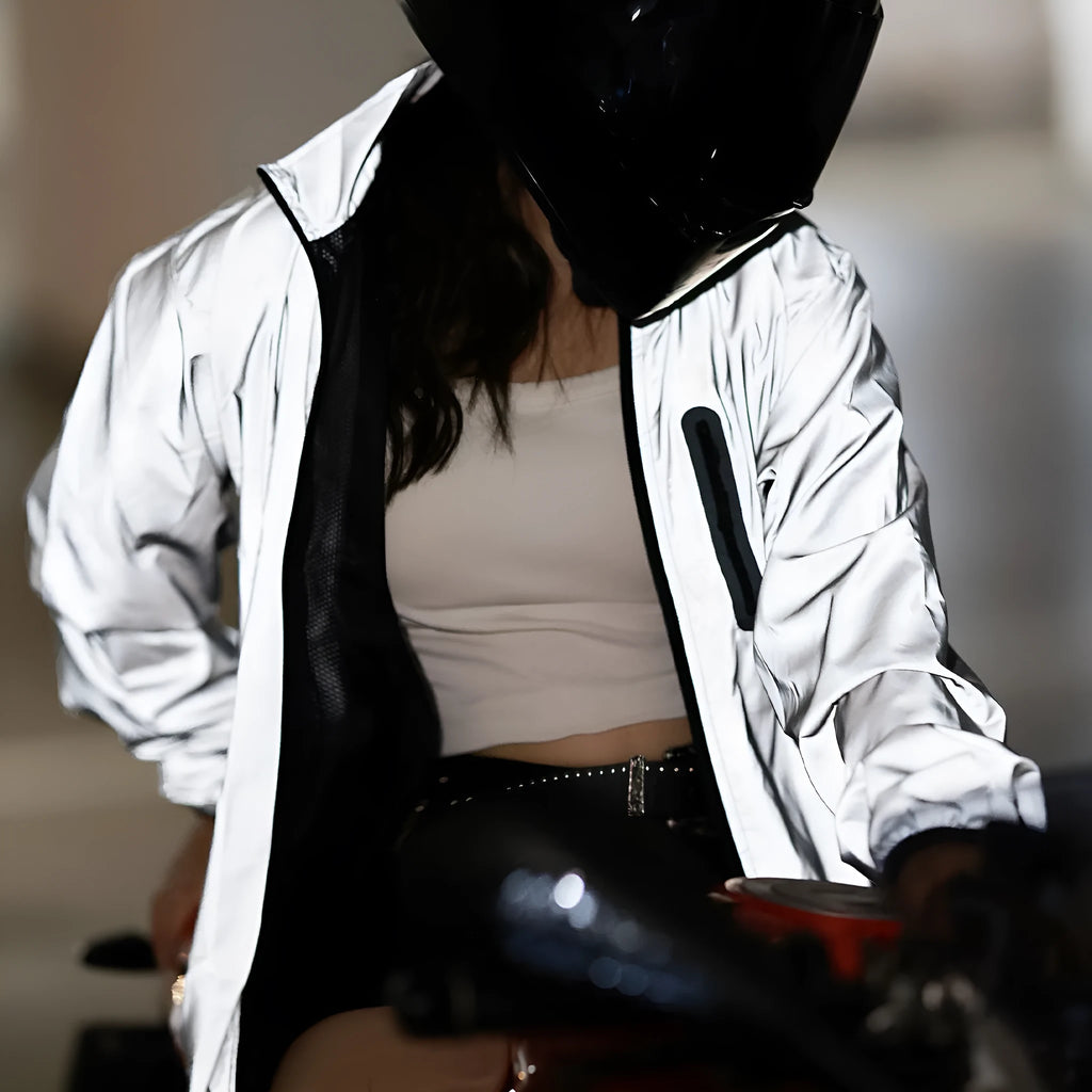 Waterproof polyester long sleeved windproof top in silver colour showing European sizing options