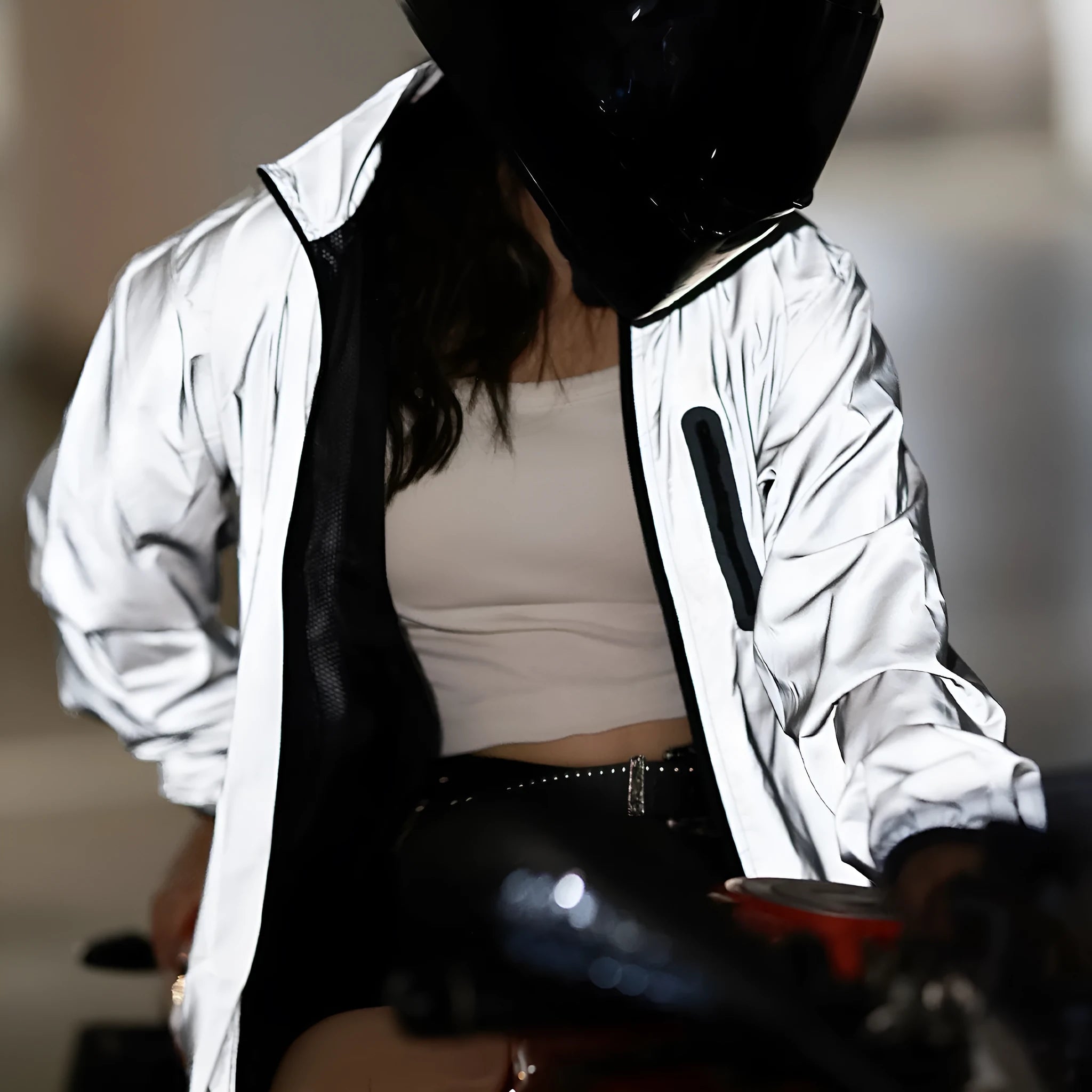 Waterproof polyester long sleeved windproof top in silver colour showing European sizing options