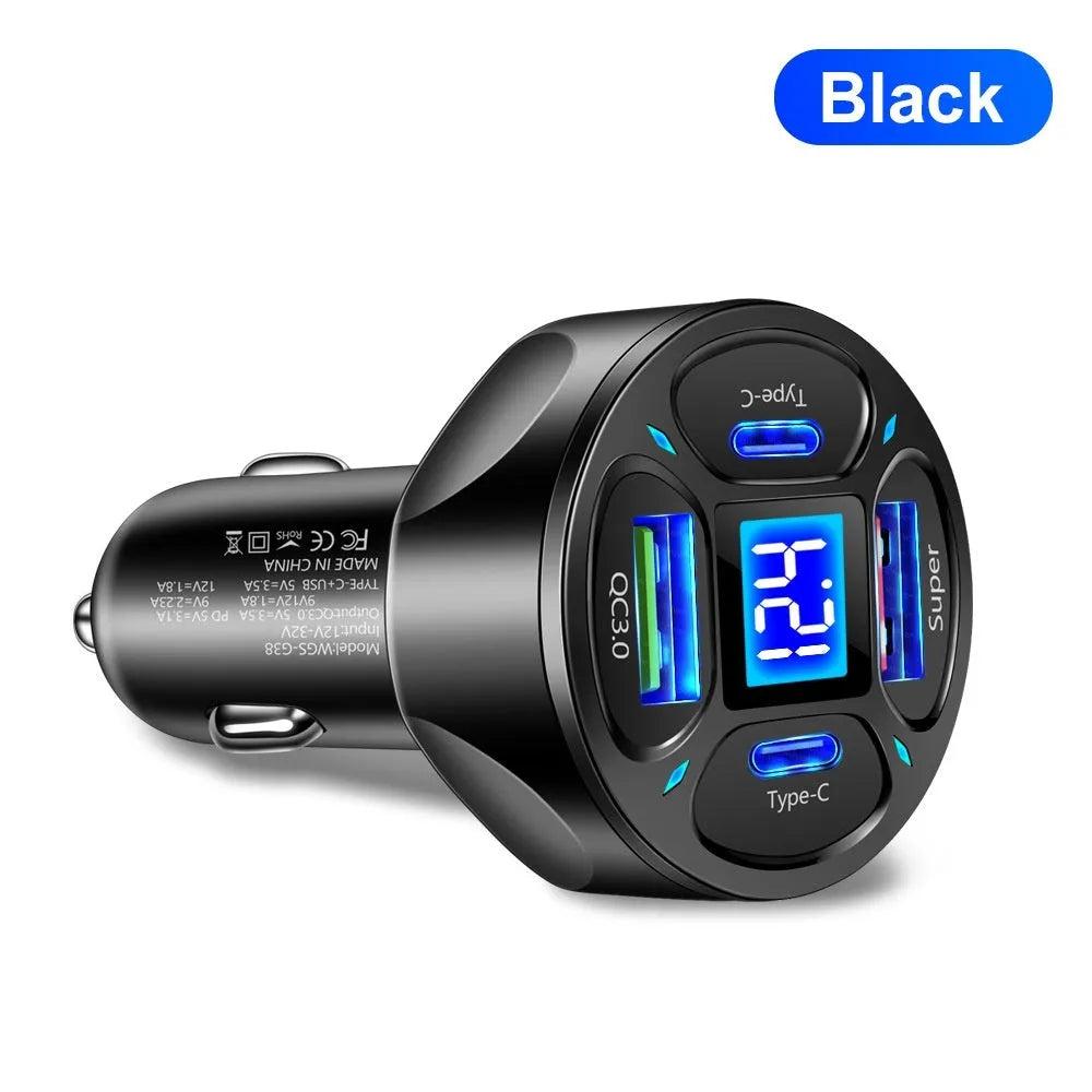 66W car charger with digital display showing dual USB and dual Type-C ports
