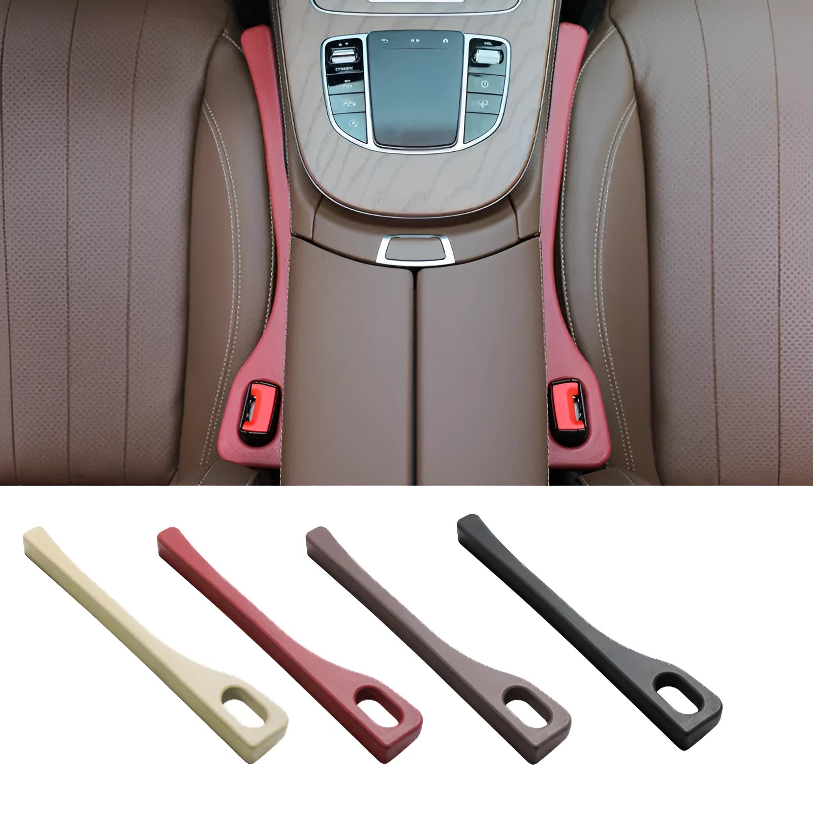Flexible polyurethane car seat gap strip in black colour lying next to a car seat.