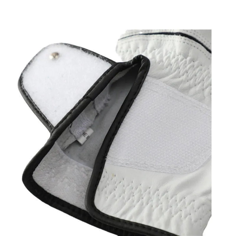 White men's golf glove made from half sheepskin material showing non-slip palm design