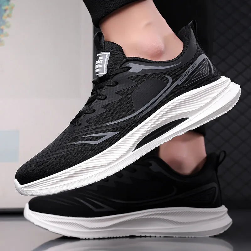 Men's fly woven mesh casual shoes in black blue colour with round toe and slip-resistant rubber sole