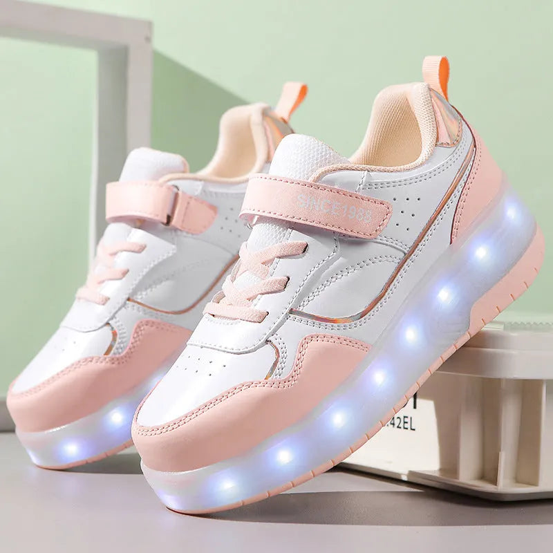 Children's rechargeable roller skates with flashing LED light-up wheels in pink, white, black, and purple colours.