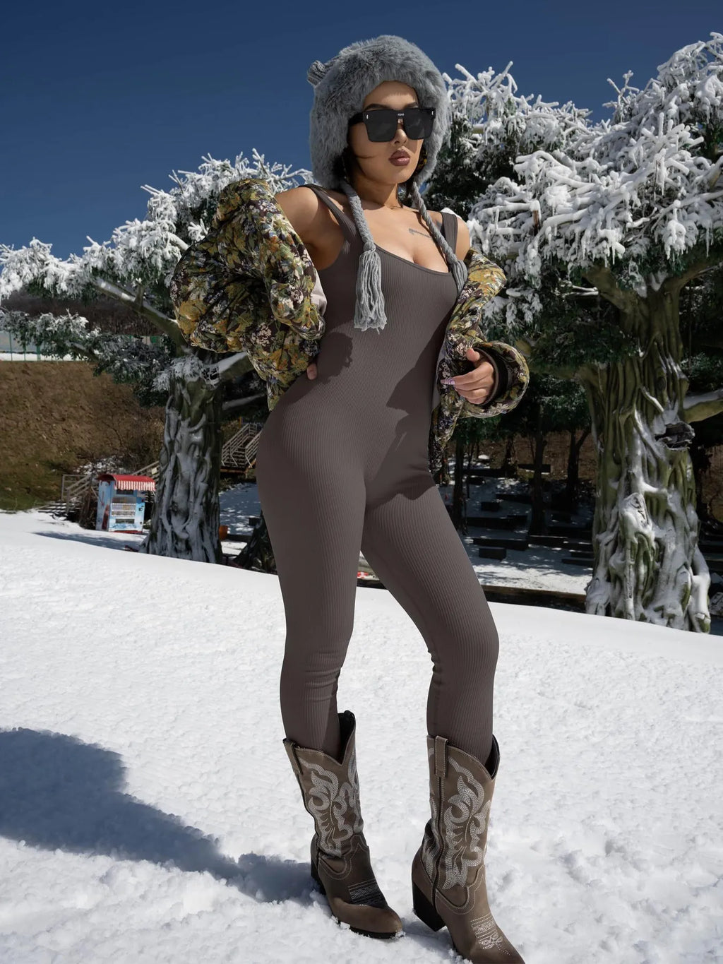 Women's long sleeve suspender tights in spandex with tank top and button details