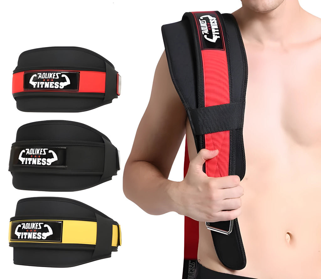 Nylon fitness weightlifting waistband showing black, red and yellow colour options with size markings