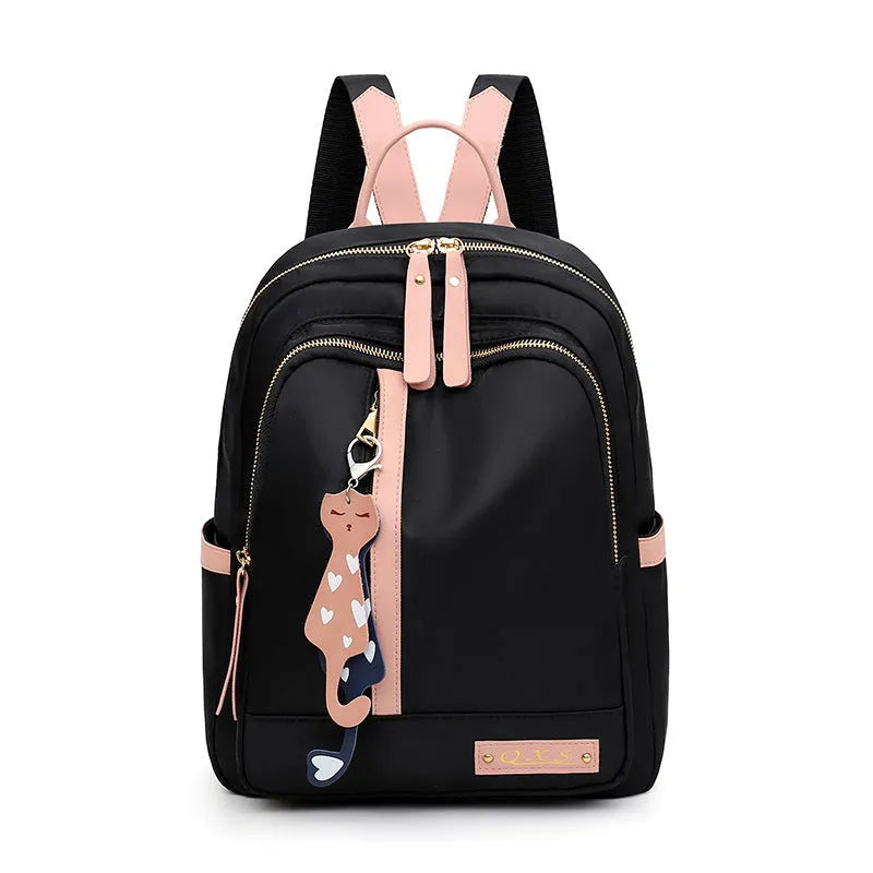 Soft nylon casual backpack in black or pink with three-dimensional pockets and double shoulder straps