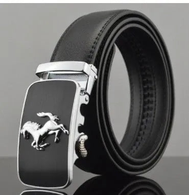 Men's black leather belt with automatic buckle, showing leopard print design and gun metal buckle.