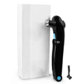 Black folding body electric shaver shown in open and closed positions