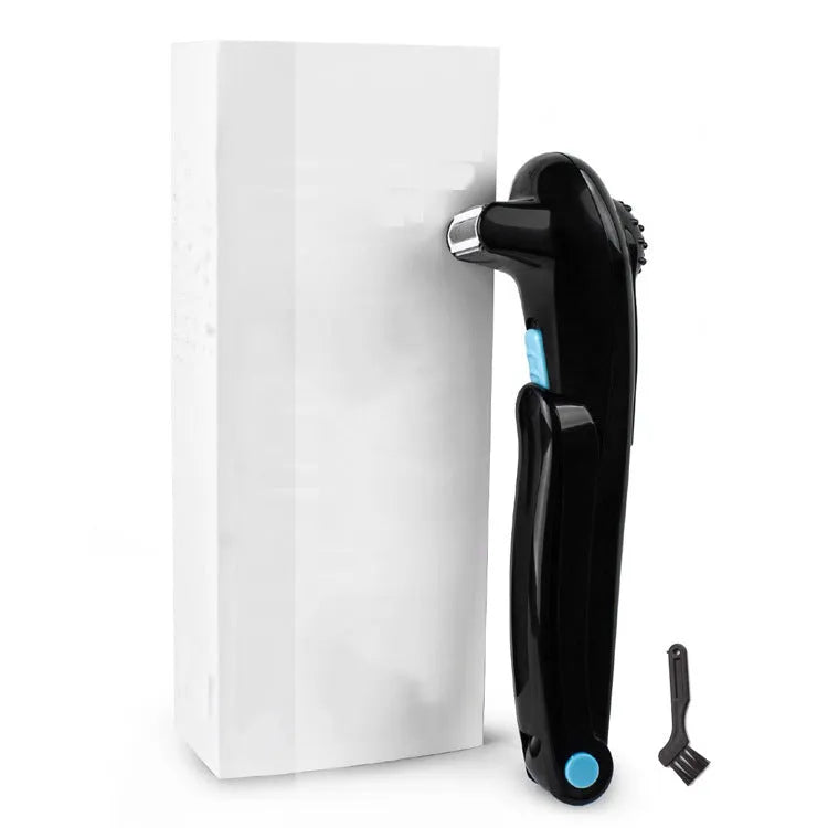 Black folding body electric shaver shown in open and closed positions