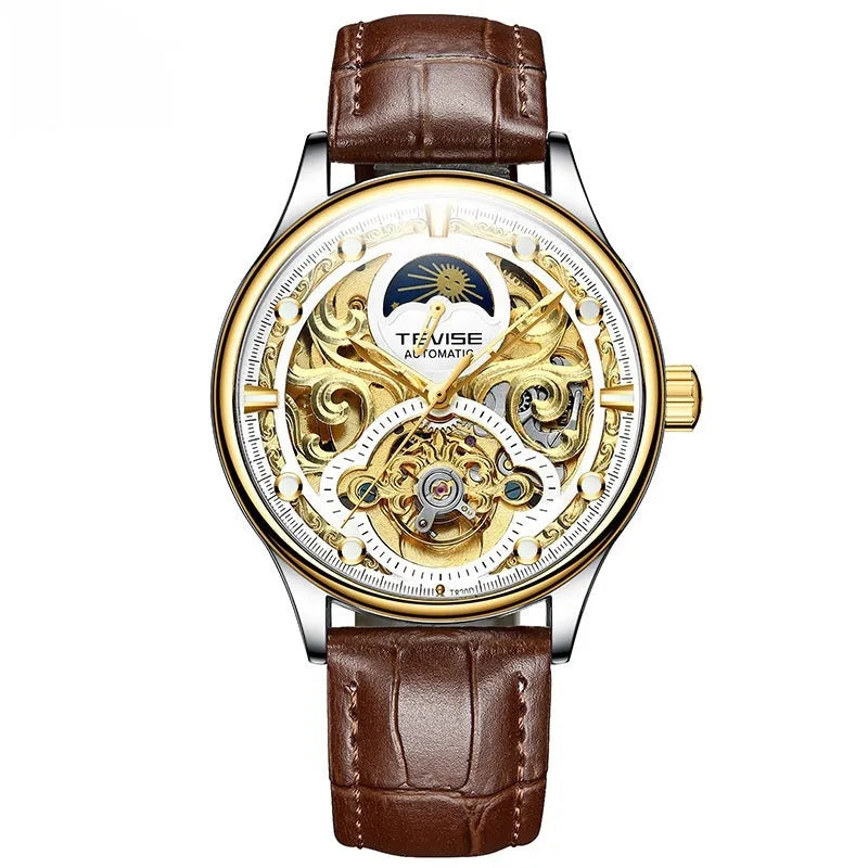 Gold and white leather strap automatic waterproof men's business watch