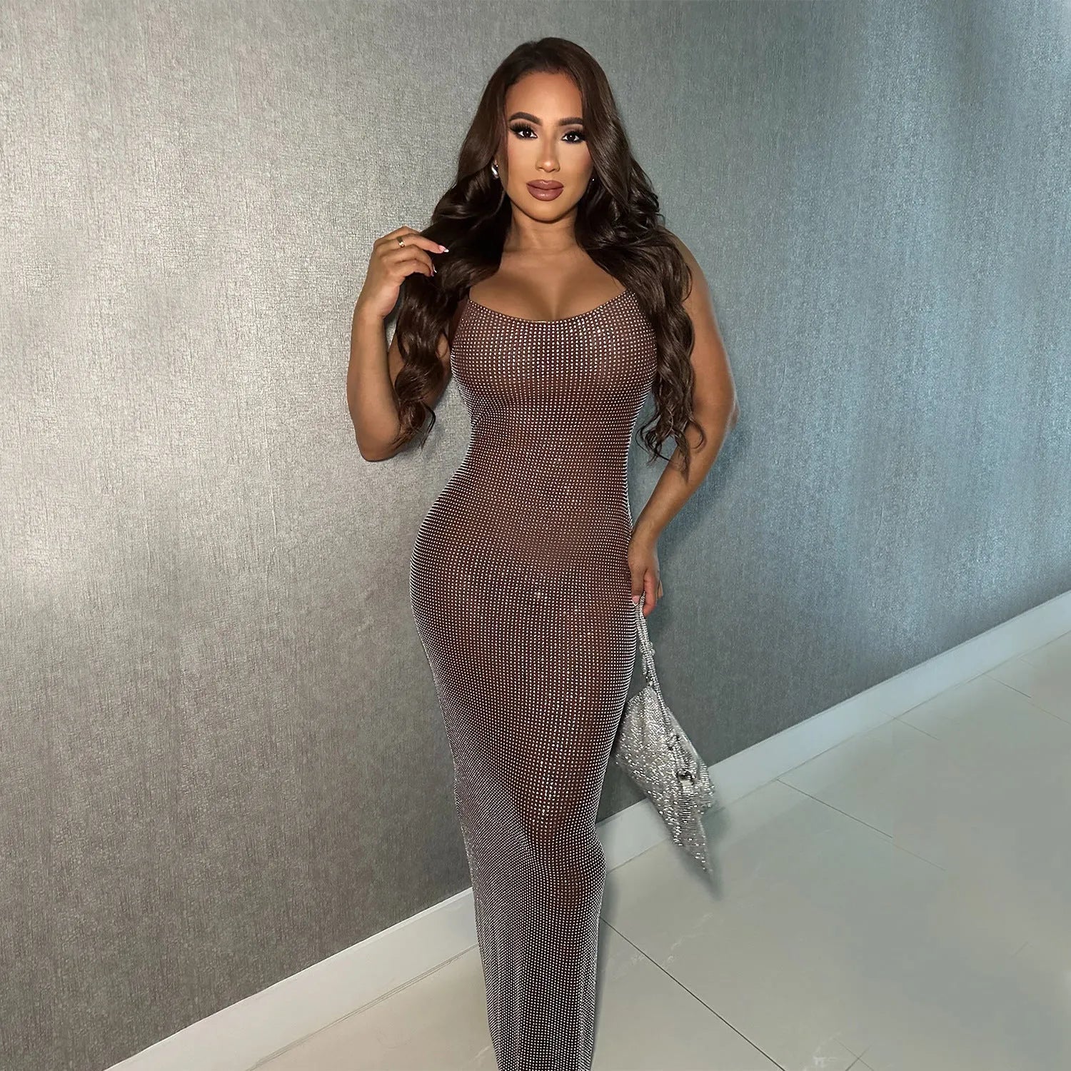 Women's mesh drilling backless bodycon dress in C7551 Black, polyester, long sheath style