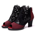 Women's black lace gladiator sandals with square high heels and floral decoration