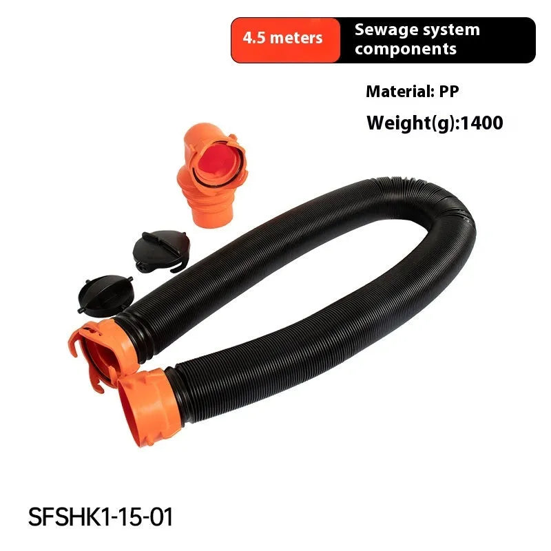 90-degree grey rotary elbow joint connector for a caravan sewage hose with extended polypropylene hose.