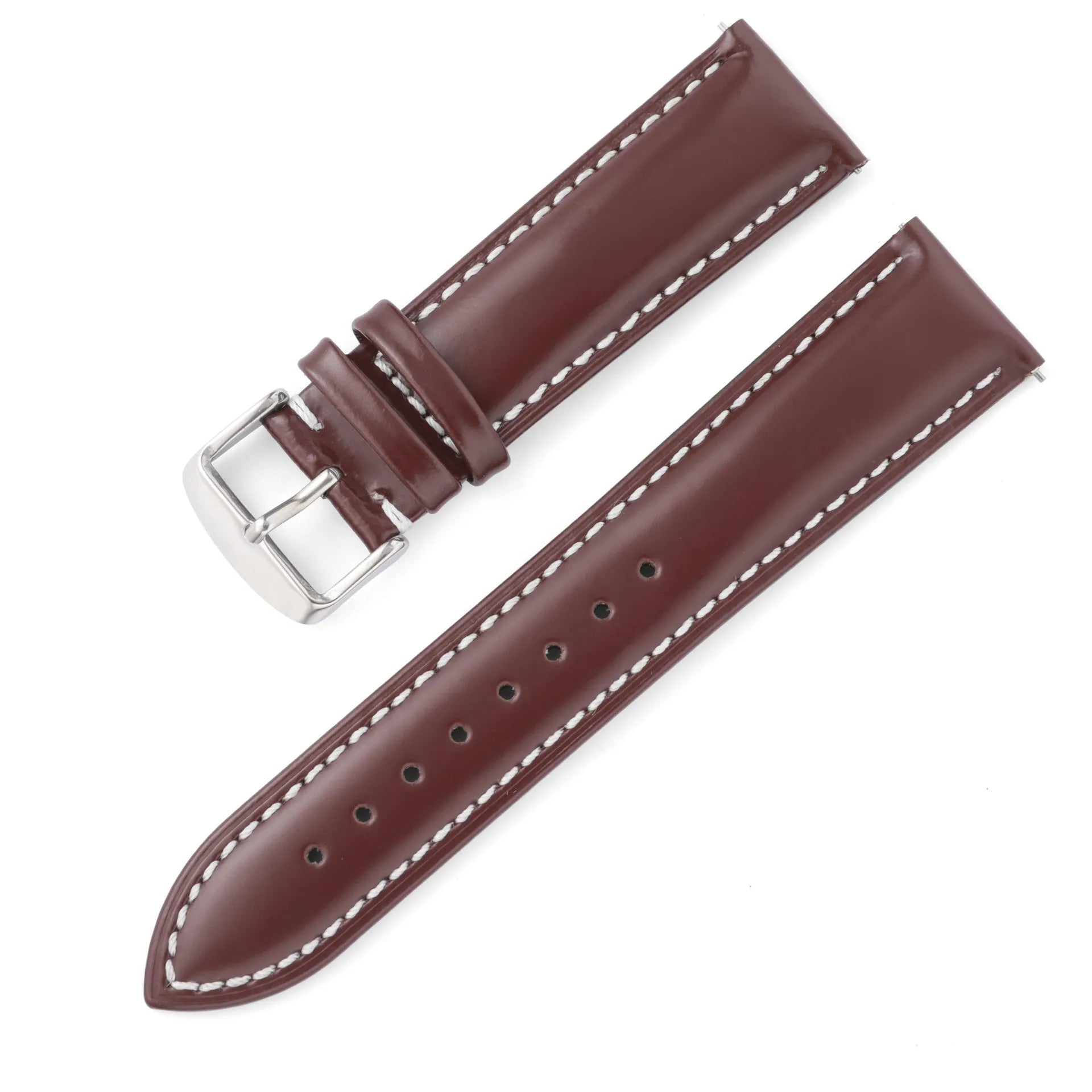 Quick-release cowhide leather watch strap in black with white accent line, showing the spring bar mechanism.