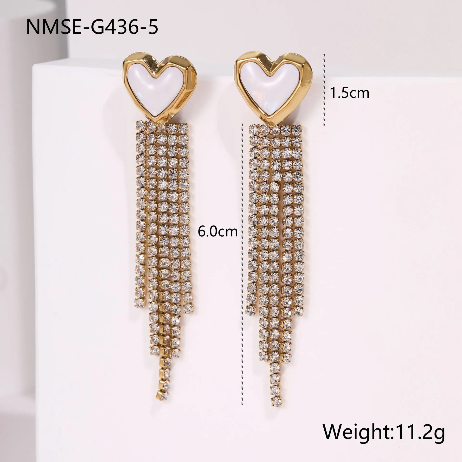 Women's stainless steel earrings with diamond tassel designs in heart, star and geometric shapes with 18K electroplated finish