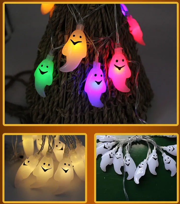 Halloween LED string lights with pumpkin, bat, and ghost decorations on a 1.2 metre battery-powered garland