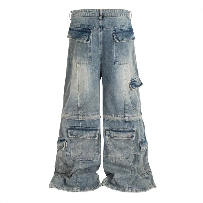 Washed-out cotton micro-pull overalls with detachable multi-pockets in black and blue colour options