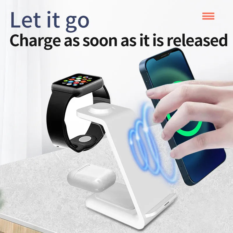 White upright wireless phone charger with dual-coil design and QC3.0 support on a desk.