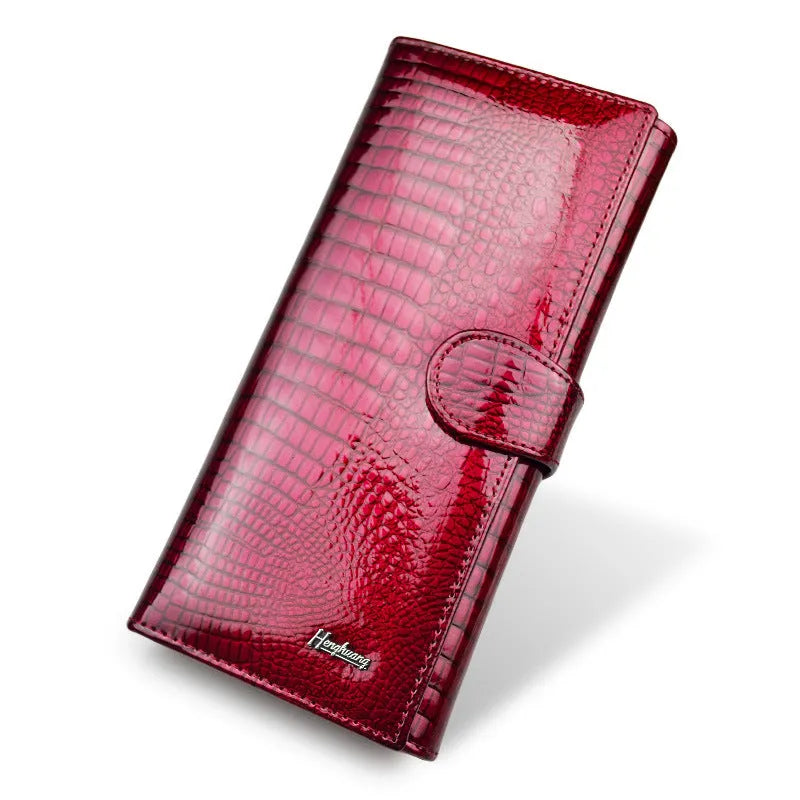 Women's patent leather coin purse with crocodile pattern in red, black, or wine red colours
